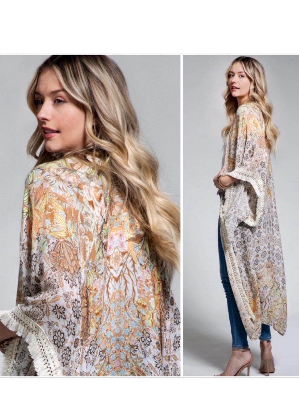 Women's Floral with Crochet Fringe and Angel Sleeves Duster Kimono Coverup OS - Picture 3 of 9
